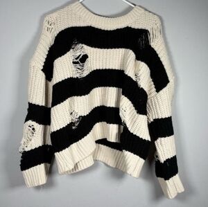 POL Cream and Black Striped Distressed Pullover Sweater Women's Size